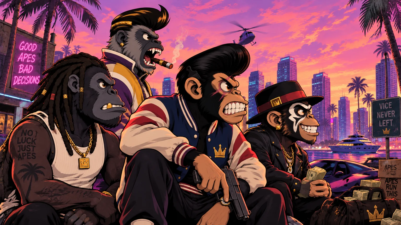 A Grand Theft Ape crew overlooking the neon Vice Bay waterfront