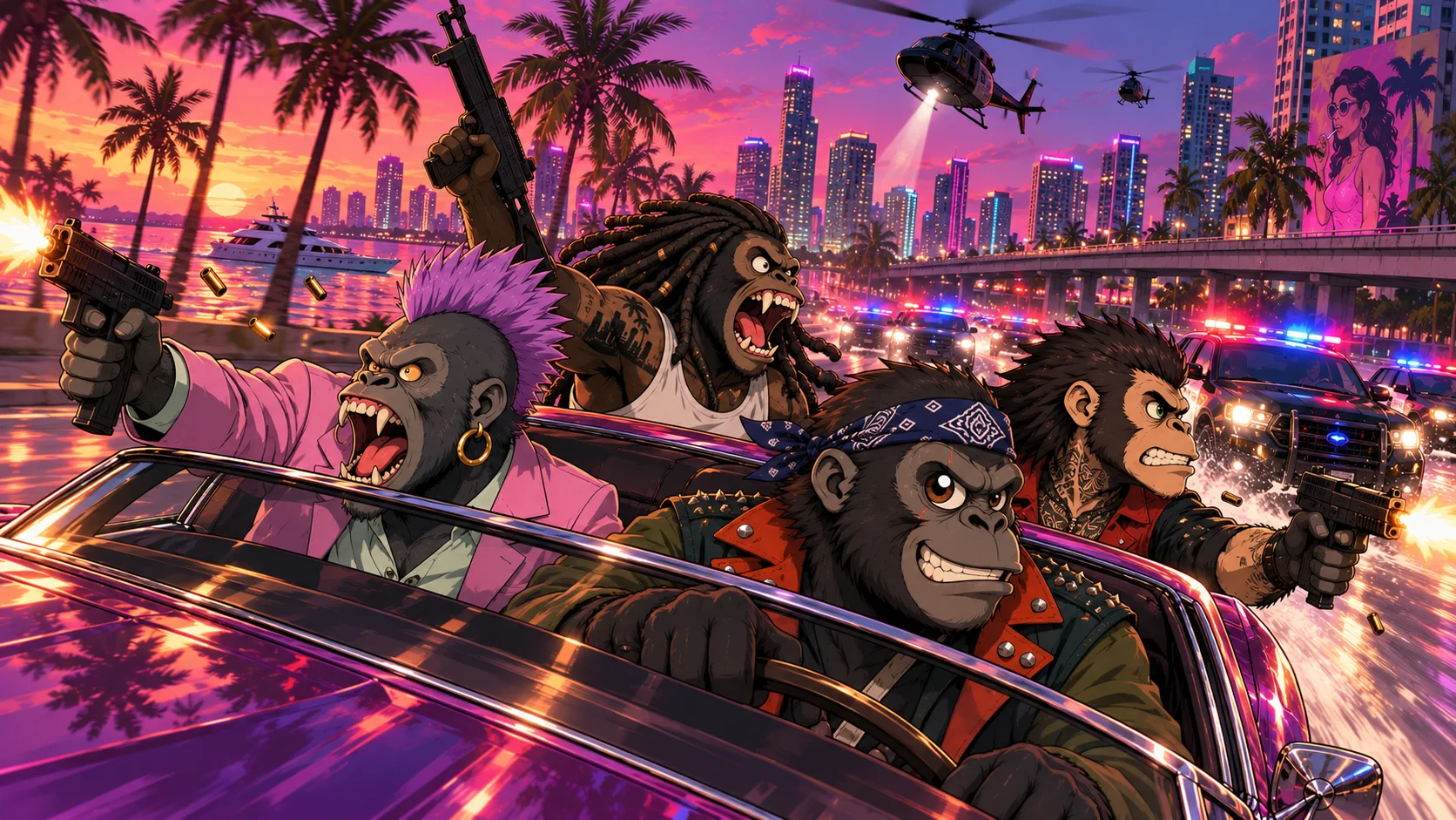 Grand Theft Ape characters walking a neon Vice Bay street