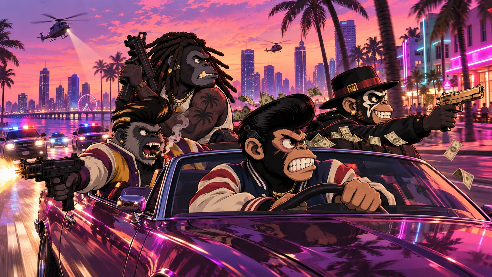 Ape gang racing through Vice Bay in an open-top car